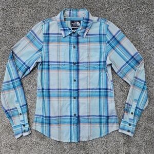 The North Face Alemany Plaid Shirt Blue Teal Long Sleeve Button Up Women Size XS